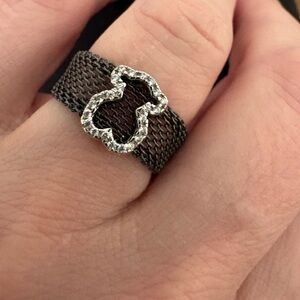 TOUS Black IP Steel and White Gold TOUS icon Mesh Ring with Diamonds 0.14ct
